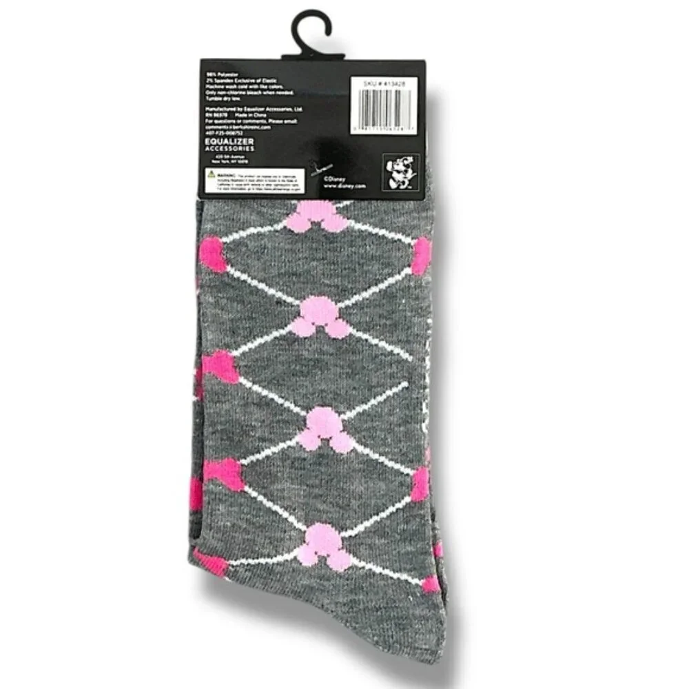 Disney Minnie Mouse Crew Socks Novelty Casual Pink Gray Adult 9-13 One Size